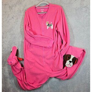 Nick & Nora Pink Dog Fleece Dog on Feet One Piece Pajamas Womens L Warm pockets